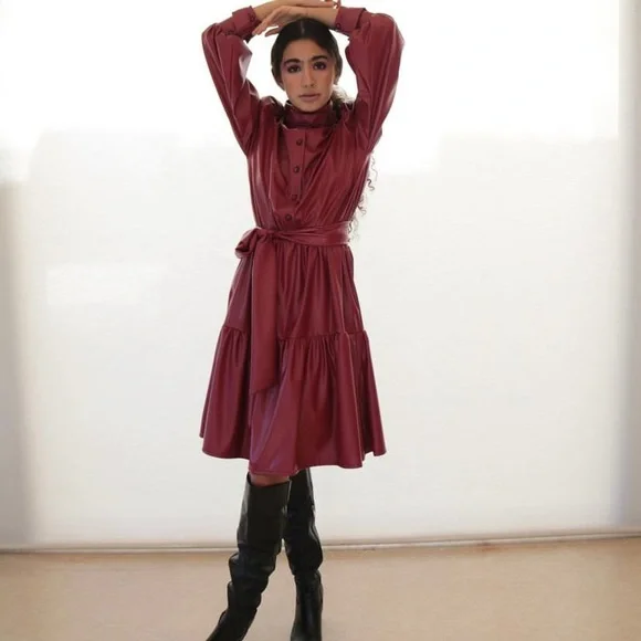 high fashion dresses 2020 Puff-Sleeve Leather Dress – ALBINA DYLA main image 0